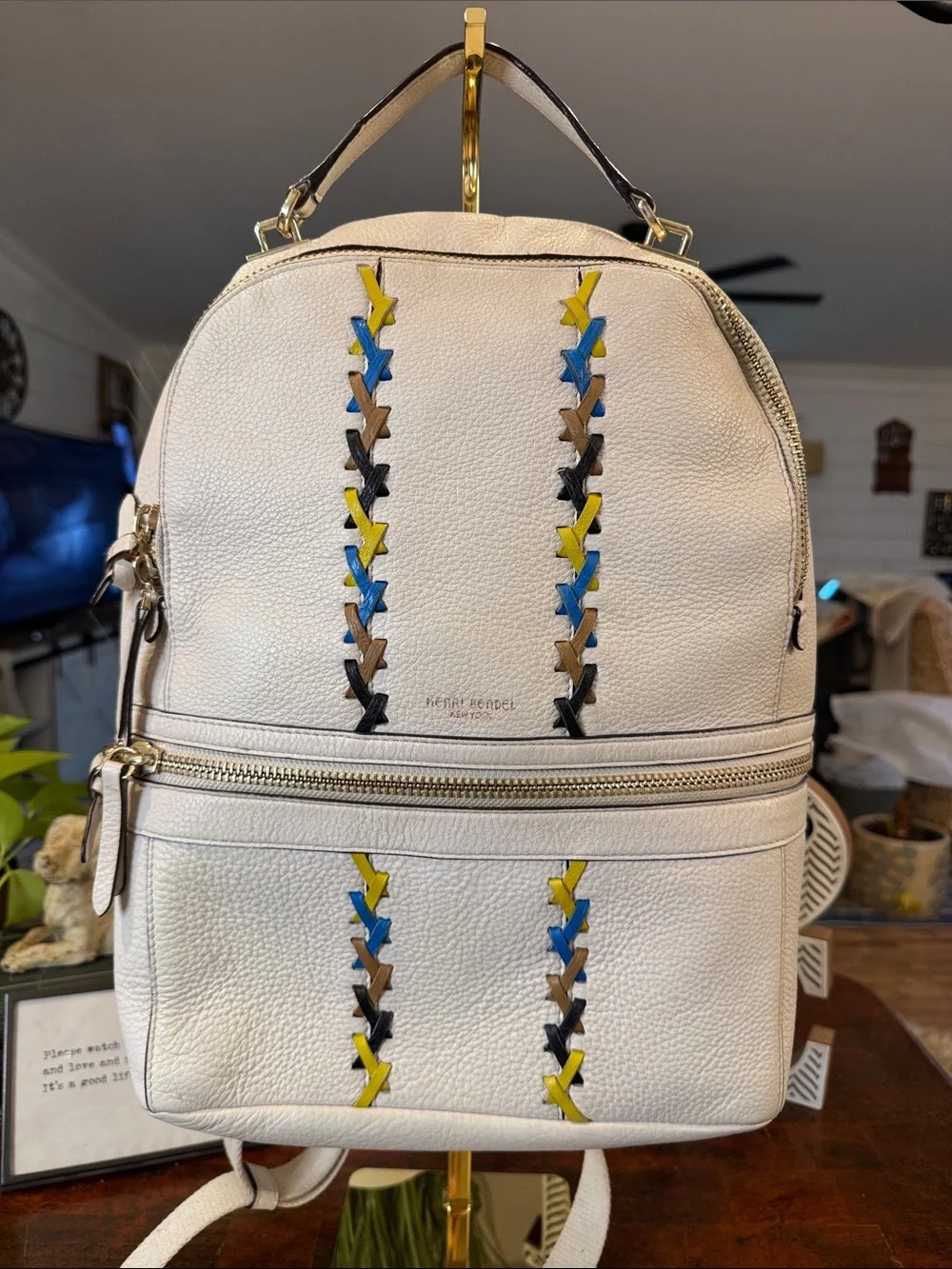 Henri Bendel White Leather Backpack with Multicolor Stitching